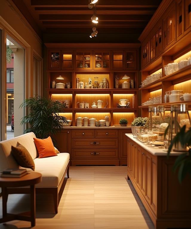 Scorcio dell'interno del negozio Brina Cucina con scaffali in legno e prodotti esposti